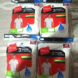 4 three packs of v-neck tagless tee shirts.